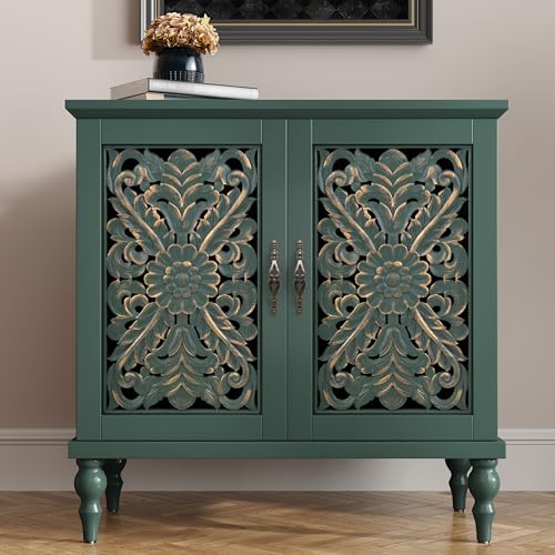 ARTPOWER Vintage Accent Cabinet with 2 Doors, Credenza for Living Room | Hand Painted Carved Door Sideboard & Buffet Cabinet, Wood Storage Cabinet for Kitchen, Dining Room, Entryway, Hallway - color: Green, size: 1 Piece