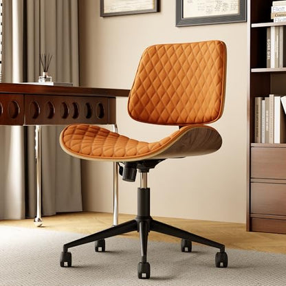Armless Desk Chair with Wheels, PU Leather Rolling Office Chair, Adjustable Height Mid Back Computer Chair, Ergonomic Walnut Curved Seat, 360° Swivel Home Office Chair for Small Spaces (All-Orange) - color: All-orange