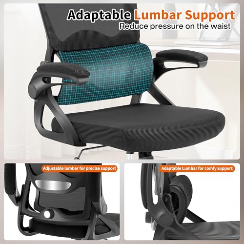 Ergonomic Office Chair,Mesh Office Chair with Lumbar Support,Mid Back Desk Chair with Flip-up Arms,400 lbs Comfy Computer Chair for Home Office - color: Black