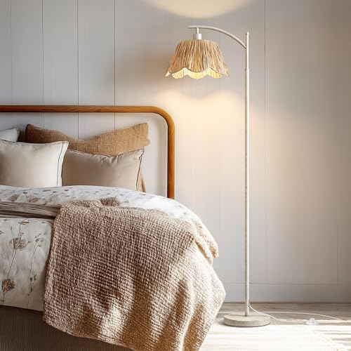 Rattan Floor Lamp for Living Room with 3 Color Temperatures, Boho Floor Lamp for Bedroom with Remote & Dimmable Bulb, Farmhouse Standing Lamp for Reading, Antique White - color: White