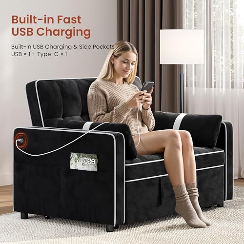 Yaheetech 3 in 1 Sofa Bed Convertible Sleeper Sofa with USB Ports, Black | Velvet Pull Out Couch Folding Loveseat Sleeper, Armrest Pillows, USB Ports, Side Pockets for Living Room Bedroom Apartment - color: Black