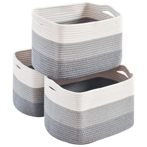 Storage Baskets for Organizing Shelves, Woven Cotton Rope Basket for Storage, Dog Toy Baskets Storage Kids, Book Bins for Living Room Bedroom, 14.8"×11"×9.5", Pack of 3, Gradient Grey - color: Gradient Grey
