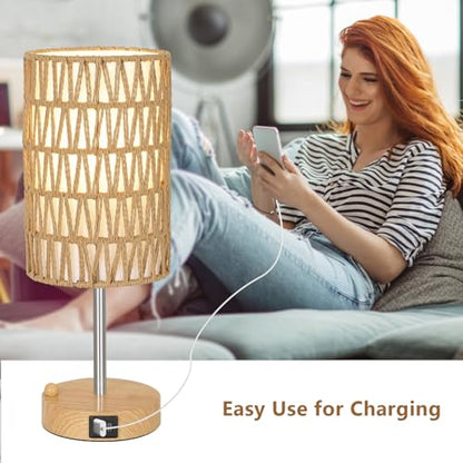 Bedside Lamps Set of 2 with Bulb, Touch Control Nightstand Lamp for Bedroom with Rattan & Linen Shade, 3 Way Dimmable Small Boho Table Lamps with USB Charging Port & Phone Stand - color: Faux wood-2pack