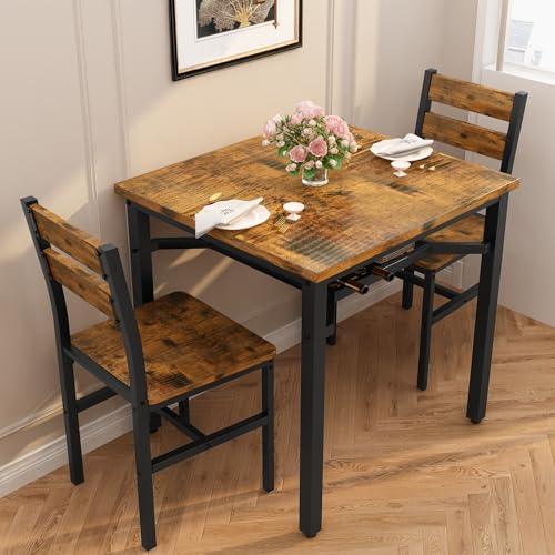 Hooseng 3 Piece Dining Table Set for 2, Small Wooden Kitchen Table with Storage, Farmhouse Square Dinette Set for Dining Room, Breakfast Nook, Apartment, Small Space - color: Brown
