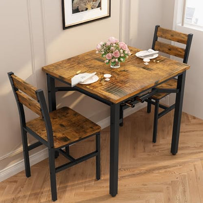 Hooseng 3 Piece Dining Table Set for 2, Small Wooden Kitchen Table with Storage, Farmhouse Square Dinette Set for Dining Room, Breakfast Nook, Apartment, Small Space - color: Brown