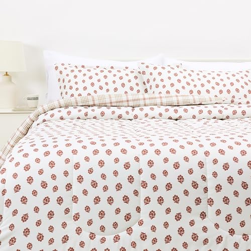 Amazon Basics Lightweight Polyester Microfiber Comforter Set, 3-Pieces, Off White Floral, King - color: Ornamental Red Elegance, size: King