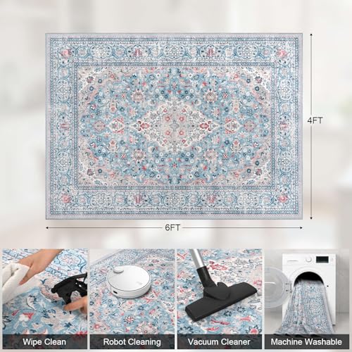4x6 Blue Washable Boho Area Rug for Bedroom, Vintage Floral Non Slip Living Room Rugs, Soft Low Pile Indoor Mat, Aesthetic Pattern Carpet for Kitchen, Dining Room and Bedside - color: Blue, size: 4' x 6' (Rectangular)