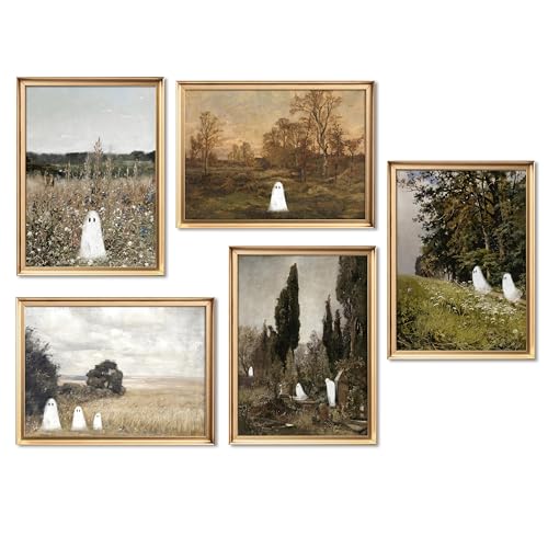 Vintage Halloween Ghost Canvas Wall Art Posters Prints Set of 5 – Unframed Cute Ghost in Nature Paintings Wall Decor, Rustic Halloween Aesthetic for Living Room Bedroom Decor 8x10 inch - color: Halloween 5-Pack, size: 10L" x 8W"