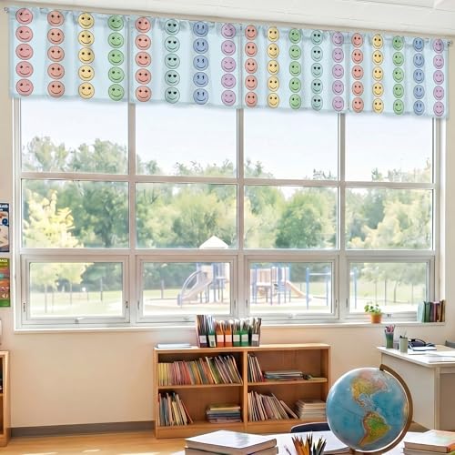 Hahafelt 4 Pcs Classroom Curtains Pastel Smile Face Window Valances Curtain 54" W x 18" L Simple Rod Pocket Back to School Window Treatment for Classroom Living Room Bedroom Kitchen - color: Pastel, style: Smile Face