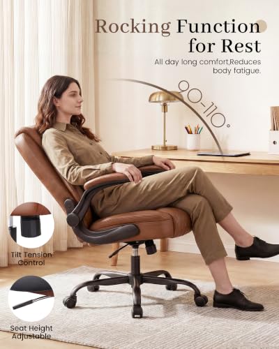COMHOMA Mid-Back Office Chair, Ergonomic PU Desk Chair with Flip up Arms, Small Computer Gaming with Comfy Lumbar Support,Rocking Function,Sturdy Metal Base, Brown - color: Brown