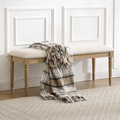46'' French Country Entryway Bench Wooden Linen Fabric Upholstered Seat Dinng Bench with Nailhead Trim for Hallway End of Bed, Beige - color: Linen, Beige, Nailhead Trim