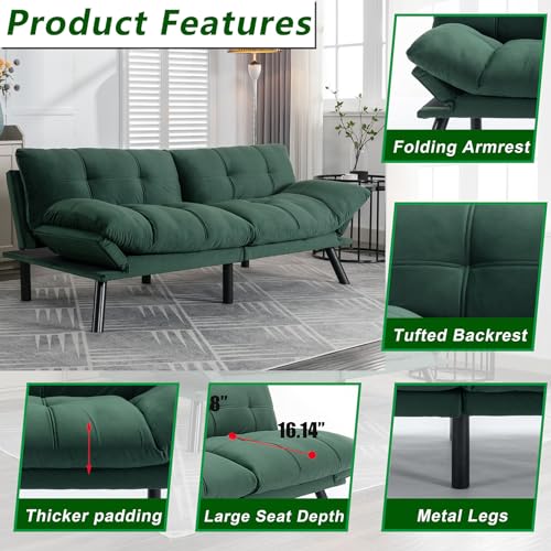 71" Velvet Futon Couch Bed with Mattress Included,Convertible Folding Sleeper Sofa Bed with Adjustable Backrests,Modern Loveseat Sleeper for Living Room Bedroom Small Space Home Office (Green)