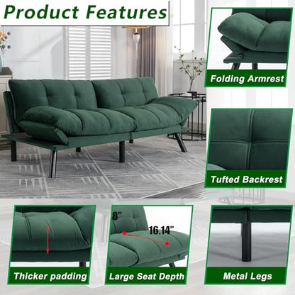 71" Velvet Futon Couch Bed with Mattress Included,Convertible Folding Sleeper Sofa Bed with Adjustable Backrests,Modern Loveseat Sleeper for Living Room Bedroom Small Space Home Office (Green)