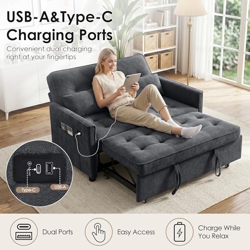 Dreamzie 55'' 3 in 1 Convertible Sofa Bed with USB Charging Ports, Pull Out Couch with Adjustable Backrest and Side Pockets, Sleeper Sofa for Living Room, Apartment, RV, Easy Assembly - Dark Grey - color: Dark Grey