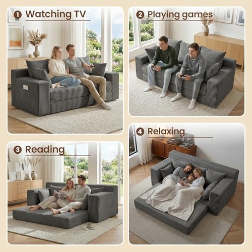 Boneless Couch 70 inch: 3-in-1 Convertible Sofa Bed Futon Couch Bed, Oversized Loveseat Sleeper Sofa with 5 Pillows, Gray Couch for Living Room, Bedroom & Small Space - color: Grey, size: 70 Inch