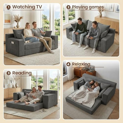 Boneless Couch 70 inch: 3-in-1 Convertible Sofa Bed Futon Couch Bed, Oversized Loveseat Sleeper Sofa with 5 Pillows, Gray Couch for Living Room, Bedroom & Small Space - color: Grey, size: 70 Inch