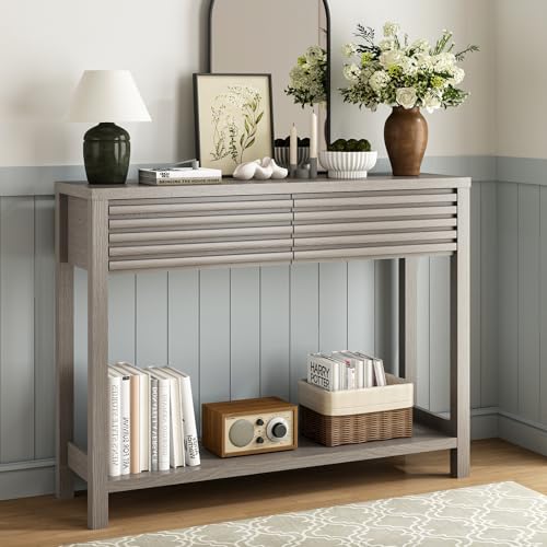 Ludatido Fluted Console Table for Entryway, 40'' Modern Small Entryway Table with Drawers, Storage Shelf, Narrow Wood Sofa Table for Living Room/Bedroom/Hallway Use (Oak Gray)
