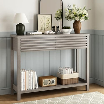 Ludatido Fluted Console Table for Entryway, 40'' Modern Small Entryway Table with Drawers, Storage Shelf, Narrow Wood Sofa Table for Living Room/Bedroom/Hallway Use (Oak Gray)