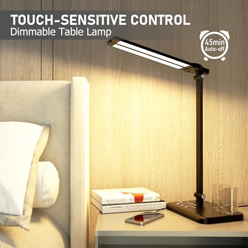 Dimmable LED Desk Lamp with USB Charging Port Bright 50 Lighting Modes | Dual Swing Arm Architect Table Lamp Light for Home Office Dorm Piano Nail