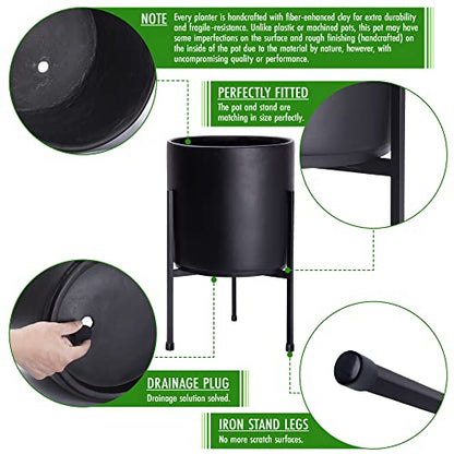 D'vine Dev Cylinder Planter Pot with Metal Stand, Black, 10 in, 96-T-B-2 | Durable Fiberclay Construction, Sleek Modern Design, Heavy-Duty Iron Stand, Drainage Hole & Saucer, Elegant Indoor Display - color: Black, size: Medium 10 Inch