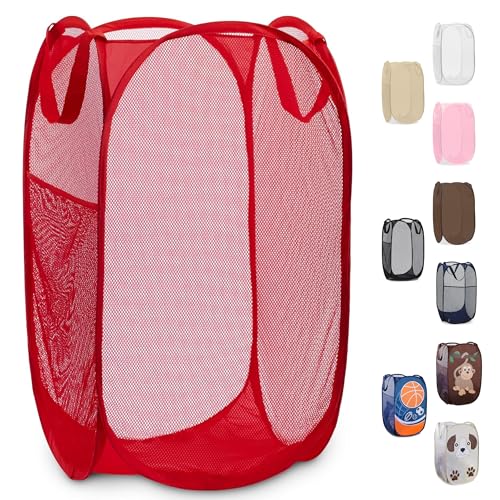 Handy Laundry Collapsible Mesh Pop Up Laundry Hamper with Side Pocket – Breathable, Space-Saving, Durable Basket for Clothes, Toys, Travel & Storage, 14 x 13 x 24 in, Red - color: Red