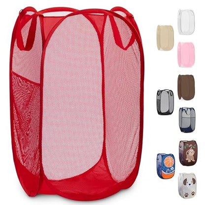 Handy Laundry Collapsible Mesh Pop Up Laundry Hamper with Side Pocket – Breathable, Space-Saving, Durable Basket for Clothes, Toys, Travel & Storage, 14 x 13 x 24 in, Red - color: Red