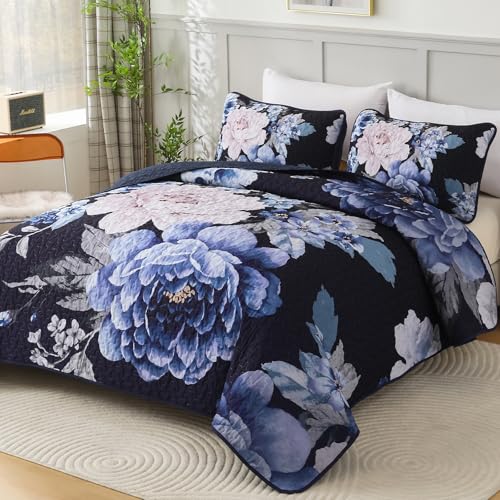 WONGS BEDDING Navy Boho Floral Quilt Set Queen, Elegant Blue Flower Bedspread Coverlet Set for All Season, 3 Pieces Farmhouse Lightweight Reversible Bedding Set with 2 Pillow Shams 96"X90" - color: Navy, size: Queen 90"×96"