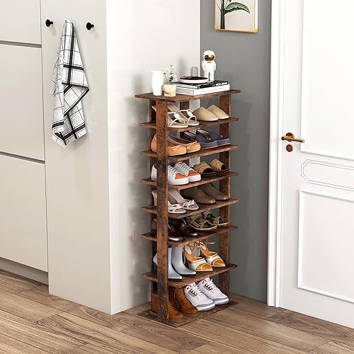 Tangkula 8-Tier Vertical Shoe Rack, Space-Saving Corner Shoe Organizer for 14 Pairs, Narrow Shoe Storage for Entryway, Front Door, or Closet - color: Rustic Brown, size: 10" x 18.5" x 43.5"