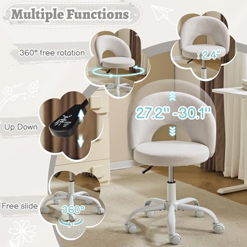VINGLI Small Vanity Chair with Wheels for Girls.Cute Modern Adjustable Height Armless Office Desk Chair.360°Swivel Comfy Rolling Chair for Study, Make up Room,Small Space,Linen Light Gray - color: Linen Light Gray