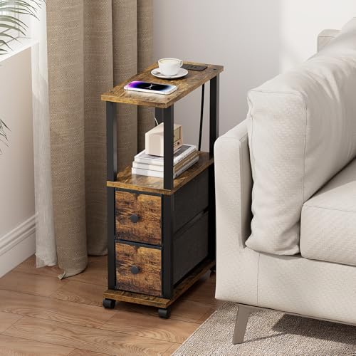 TUTOTAK Small Narrow End Tables, Side Tables with 2 Fabric Drawers, Set of 2, Bedside Tables with Charging Station for Small Spaces, Slim Nightstands with USB Ports and Wheels, TB01BB053C - color: Brown and Black, style: with Outlets