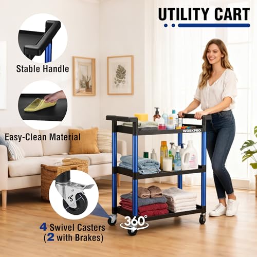 WORKPRO 3-Tier Service Utility Cart, 400LBS Plastic Rolling Cart with Handles & Lockable Wheels, Heavy Duty Storage Cart for Restaurant, Kitchen, Office, Garage, Warehouse - color: Black