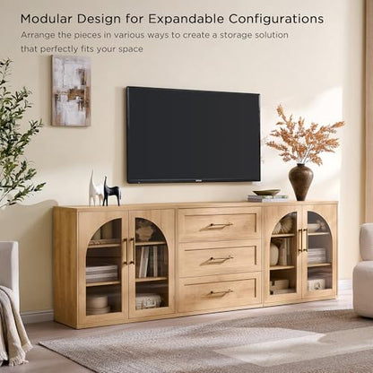 Glass Arched Door Sideboard Buffet Cabinet Set of 2, Natural Oak | Modular, Multi-Compartment Storage, Adjustable Shelf, Soft Close Hinges, Freestanding, for Dining Room, Living Room - color: Natural Oak