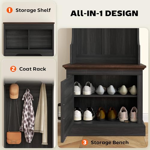 HOMCOM 3-in-1 Hall Tree with Shoe Storage, Shoe Bench, Black Wood Grain | Standing Coat Rack, Entryway Furniture, Three Hooks - color: Black Wood Grain