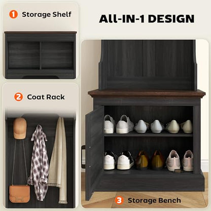 HOMCOM 3-in-1 Hall Tree with Shoe Storage, Shoe Bench, Black Wood Grain | Standing Coat Rack, Entryway Furniture, Three Hooks - color: Black Wood Grain