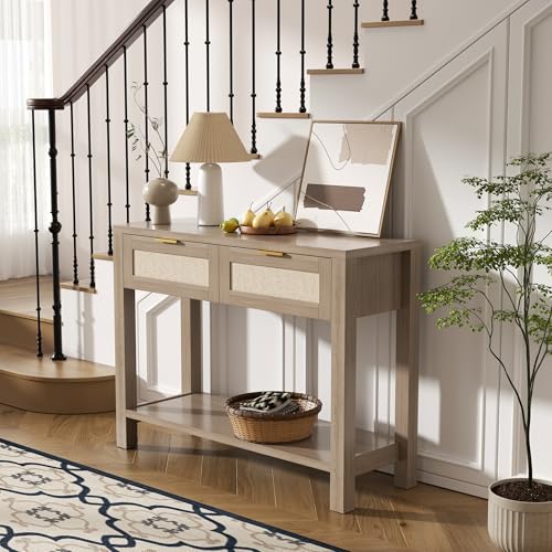 Boho Chic Console Table with 2 Rattan Drawers and Open Shelf Storage, Narrow Farmhouse Sofa Table for Small Space Entryway, Living Room,Hallway, Caramel Oak - color: Caramel Oak