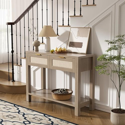 Boho Chic Console Table with 2 Rattan Drawers and Open Shelf Storage, Narrow Farmhouse Sofa Table for Small Space Entryway, Living Room,Hallway, Caramel Oak - color: Caramel Oak