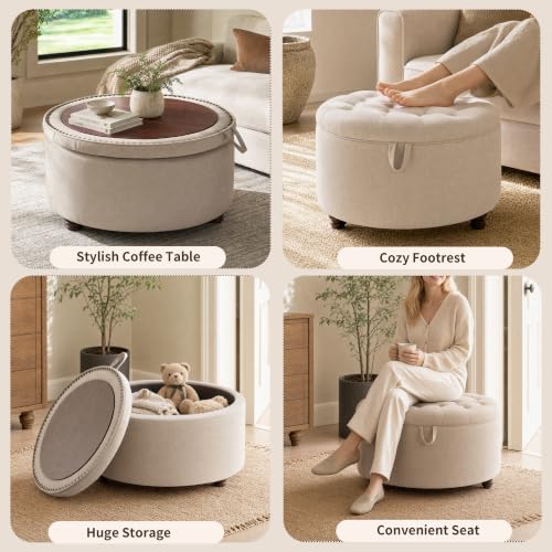 30" Round Storage Ottoman Coffee Table, Tufted Lid & Wood Top, Khaki | Nailhead Trim Solid Wood Legs Extra Large Footrest Linen-Like Fabric - color: Khaki