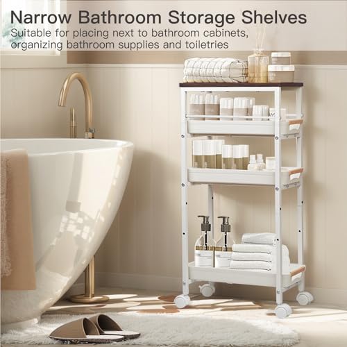 5 Tier Slim Storage Cart Metal Gap Filler with Wood Top White | Slim rolling cart fits 8" laundry gaps. Features a solid wood top for heavy detergents and breathable PP mesh drawers - color: White