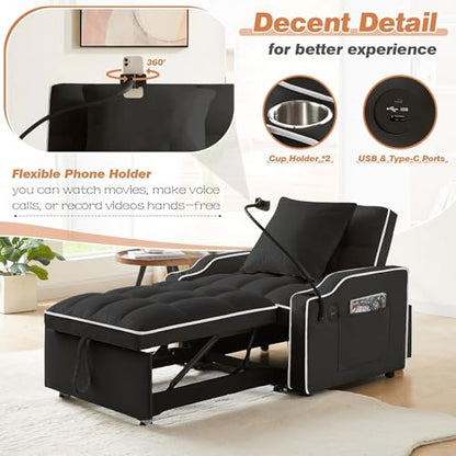 Sleeper Sofa Chair Bed 3 in 1 with Charging Ports, Phone Holder & Cup Holders - Modern Velvet Convertible Pull Out Single Sofa Bed for Small Spaces, Apartment, Dorm (Black) - color: Black