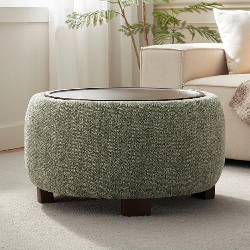VKNOW 30" Round Storage Ottoman, Ottoman Coffee Table with Removable Wood Top and Solid Wood Legs for Living Room, Bedroom, Apartments(Green) - color: Green