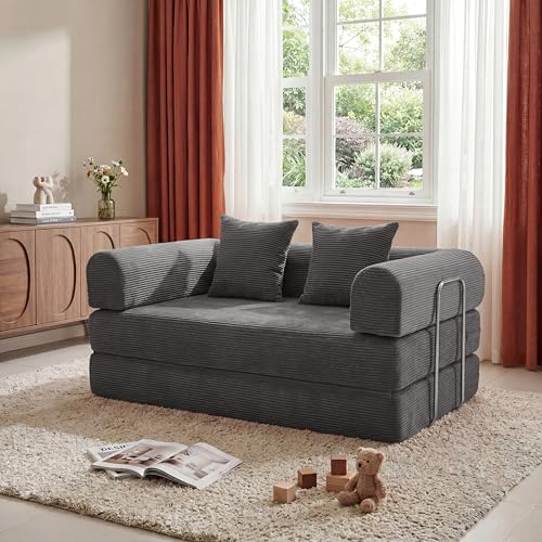 53.15" Boneless Couch,4-in-1 Futon Sofa Bed Modular Loveseat Sleeper Folding Compressed Couch with Pillows,No Assembly Required Convertible Sofa Bed for Living Room Bedroom Guest Room,Grey - color: Grey, size: 53.15" Loveseat Sofa