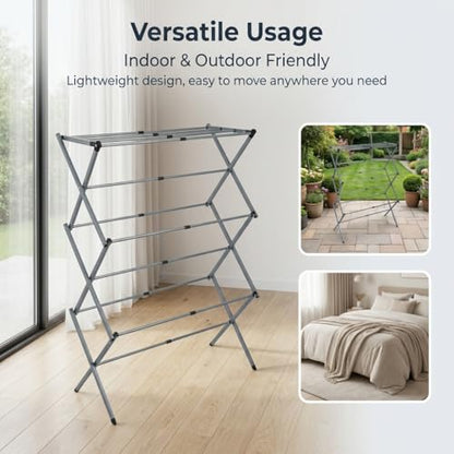 Drying Racks 3 Tier Expandable Clothes Airer Collapsible Clothes Drying Rack, Space-Saving Laundry, Hanging Clothes Indoors & Outdoors, Lightweight, Compact, Folds Away for Convenient Storage