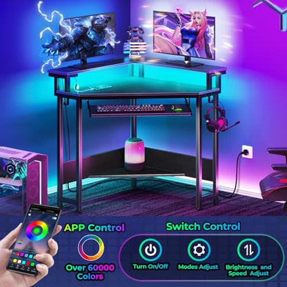 Rolanstar Corner Desk,44" W x 34" H Small Computer Desk with Power Outlets, Gaming Desk with LED Lights, Triangle Corner Table with Keyboard Tray & Monitor Stand for Small Space, Black