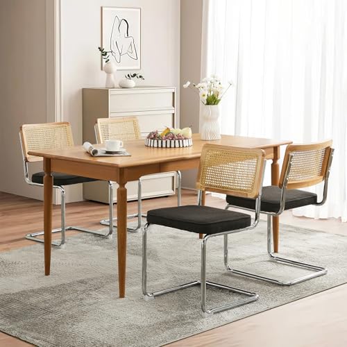 Rattan Dining Chairs Set of 2,Linen Cesca Chair Kitchen Chair,Black | VICBARLEY Mid Century Modern Dining Chairs,Wood Cane Backrest&Chrome Base,Upholstered Side Chair for Dining Room,Kitchen - color: Black, size: Set of 2