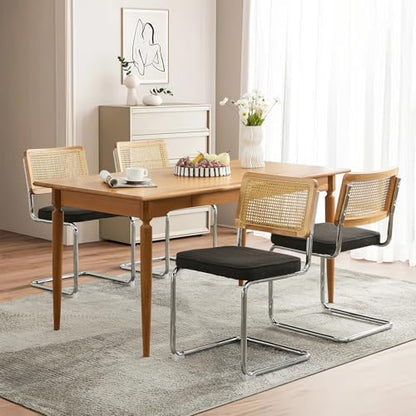 Rattan Dining Chairs Set of 2,Linen Cesca Chair Kitchen Chair,Black | VICBARLEY Mid Century Modern Dining Chairs,Wood Cane Backrest&Chrome Base,Upholstered Side Chair for Dining Room,Kitchen - color: Black, size: Set of 2