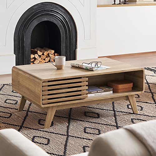 mopio Ensley Coffee Table with Storage, Mid Century Modern, Farmhouse Wood Coffee Table for Living Room Fluted (Oak) - color: Oak