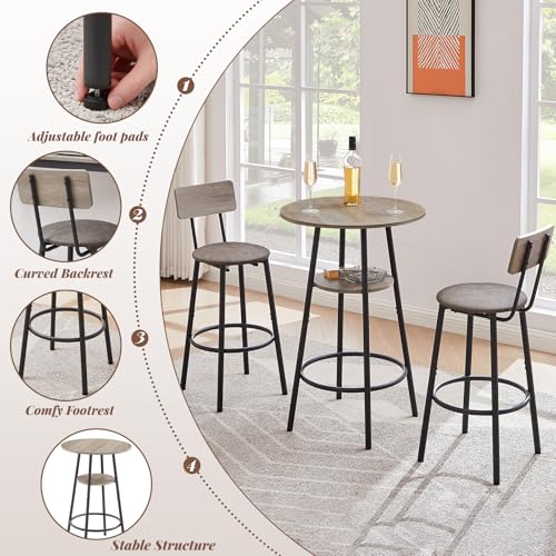 23.6” Diameter Round Bar Table Set for 2 with Storage Shelf, Counter Height Pub Table and Chairs, Small Round Kitchen Table with Backrest Stools for Small Spaces, Breakfast Nook Dining Table - color: Grey, style: Round w/ Upholstered Stool