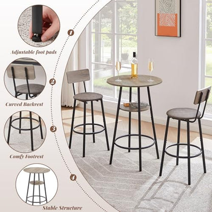 23.6” Diameter Round Bar Table Set for 2 with Storage Shelf, Counter Height Pub Table and Chairs, Small Round Kitchen Table with Backrest Stools for Small Spaces, Breakfast Nook Dining Table - color: Grey, style: Round w/ Upholstered Stool