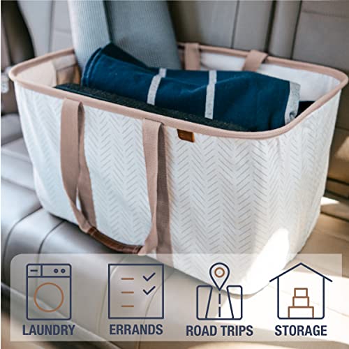 CleverMade Collapsible Laundry Tote LUXE, 50L Carry-All Tote, 2 Pack, Mocha | Bring a Polished Look to Laundry Day | Cotton-Blend Fabric and Vegan Leather Pair with Long Handles and 55 lb Support - color: LUXE Mocha