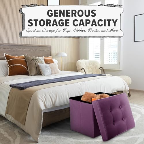 LINMAGCO Storage Ottoman Folding Foot Stool Foot Rest with Side Pocket Modern Ottoman with Storage Short Sofa Stool Linen Cloth 17x13x13(Purple)